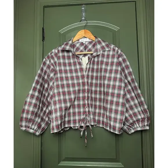 NWT Cara Cara Tartan Plaid Turtledove Hutton Tartan Cropped Top Red White XL - Picture 2 of 6